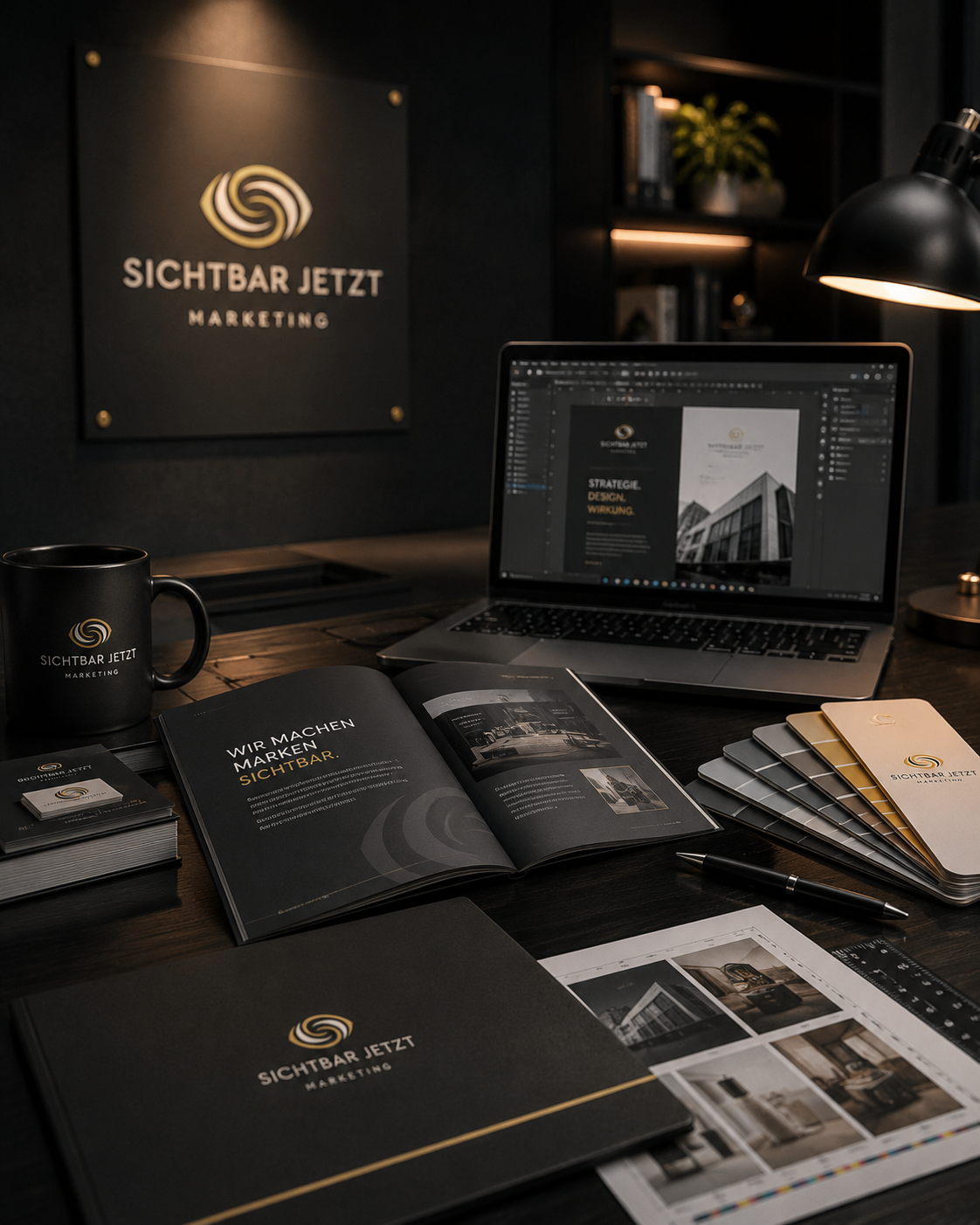 Grafikdesign und Printdesign mit Laptop, Broschüre, Visitenkarten und Markenunterlagen