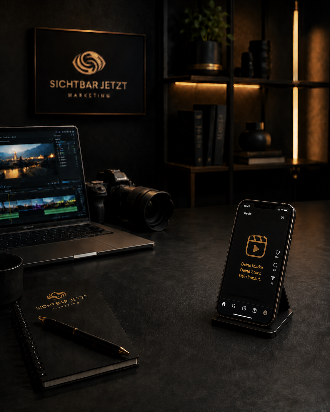 Social Media Reels Produktion von Sichtbar Jetzt Marketing mit Smartphone, Kamera, Laptop und Markenlogo