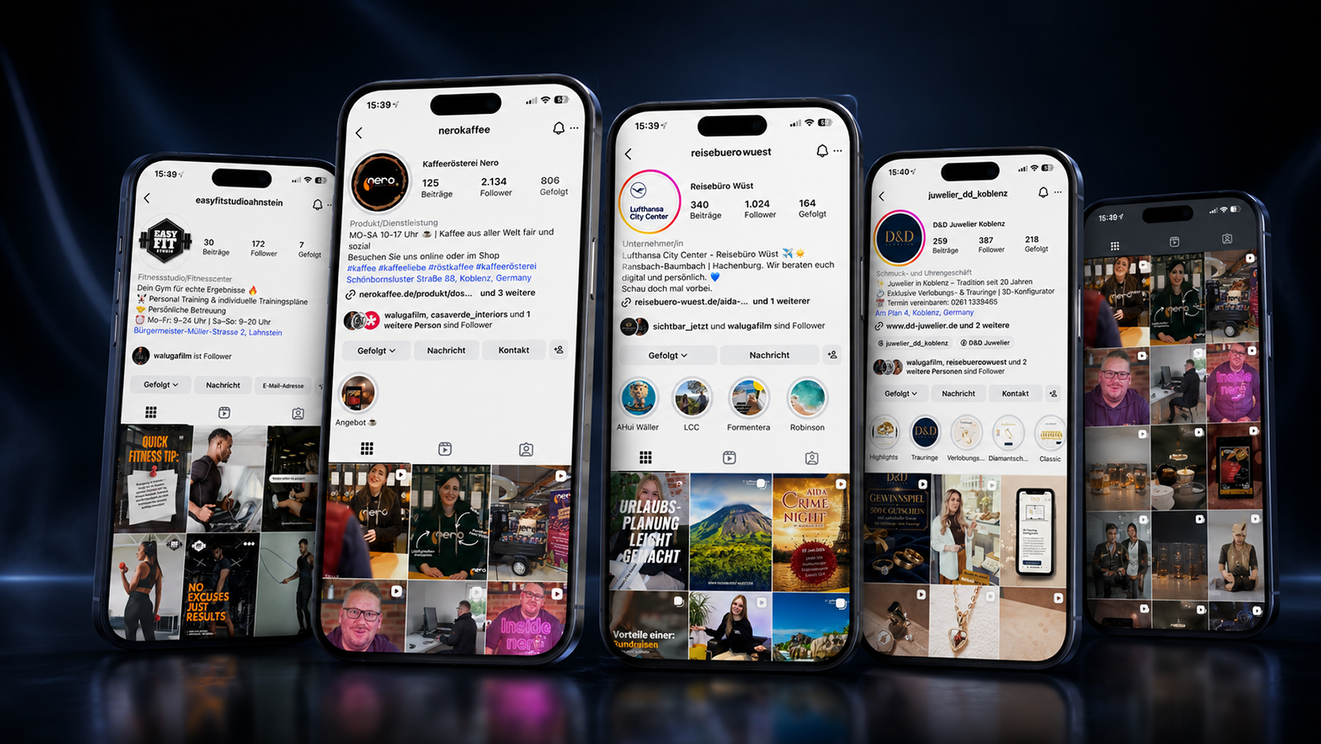 Social-Media-Referenzen von Sichtbar Jetzt Marketing auf mobilen Smartphone-Displays