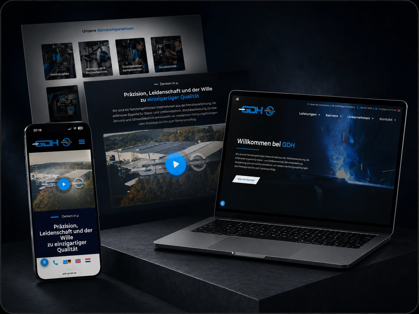 Webdesign- und Imagefilm-Projekt für GDH Metallbau mit Website-Darstellung auf Laptop und Smartphone
