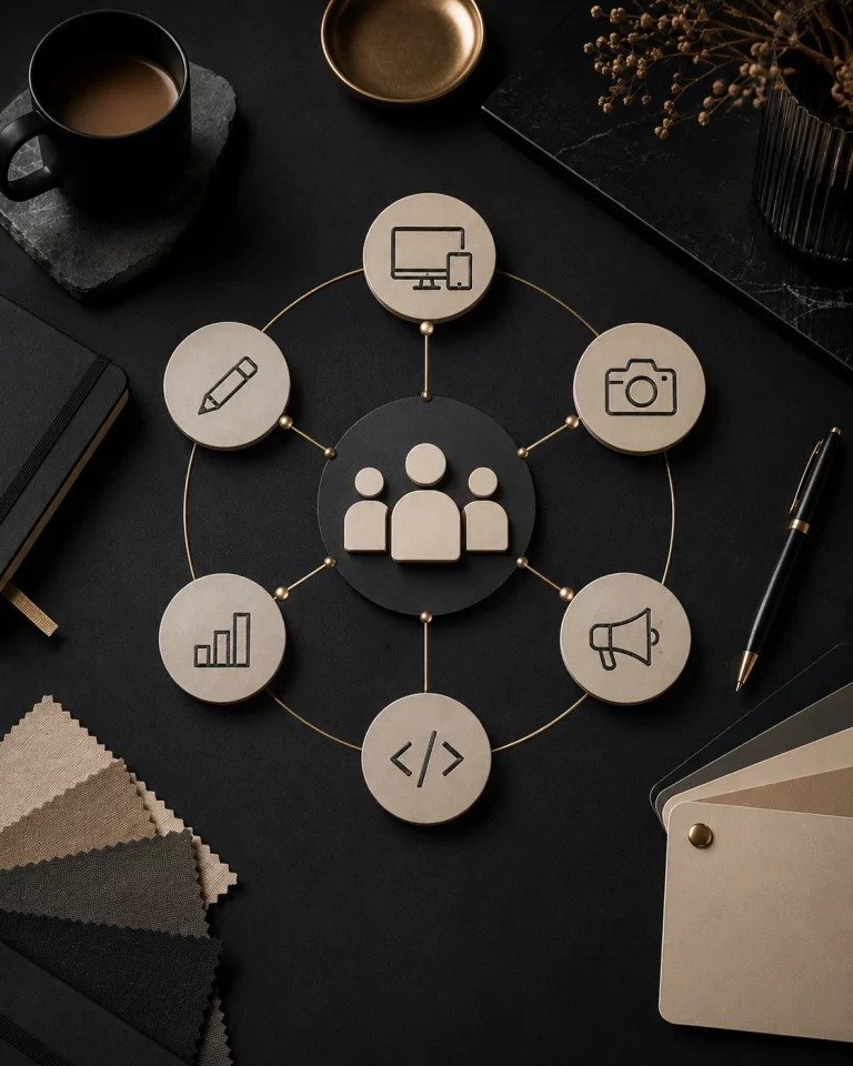 Kernteam und Partnernetzwerk von Sichtbar Jetzt Marketing mit Symbolen für Design, Web, Foto, Marketing und Entwicklung