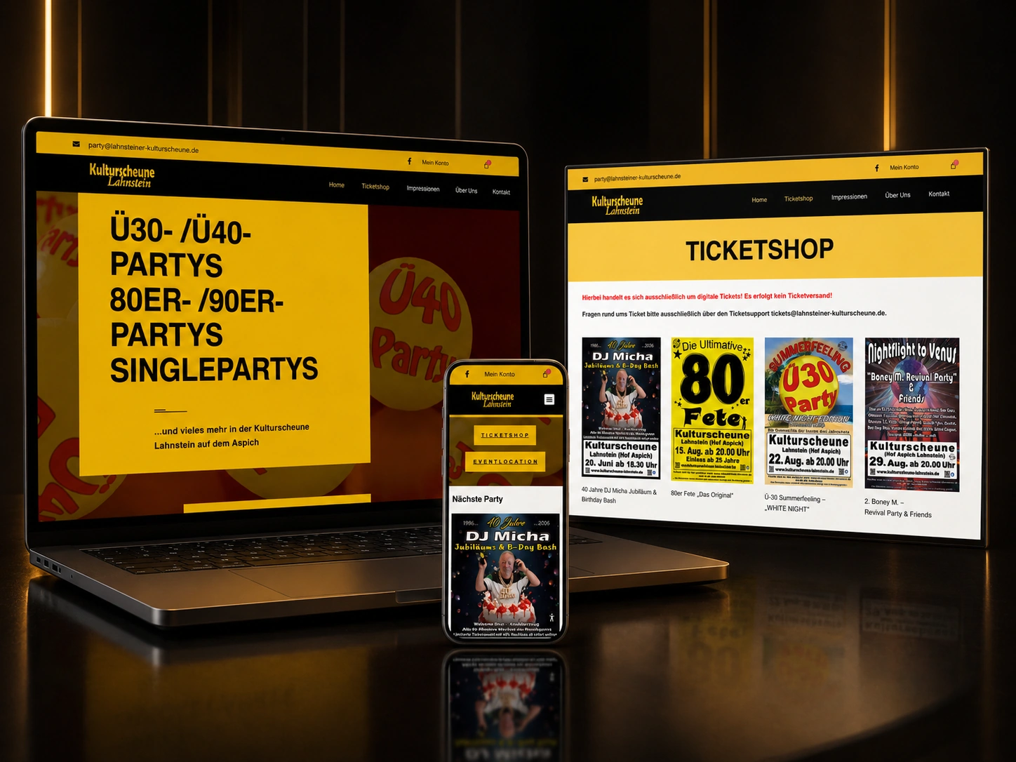 Website und Ticketshop der Kulturscheune Lahnstein auf Laptop und Smartphone